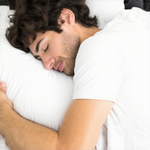 Side sleeper demonstrating the three-pillow support technique to prevent nighttime shoulder pain and joint compression.