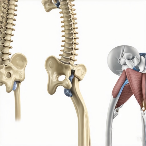 Diagram comparing spinal joint alignment with muscular support for back pain recovery.