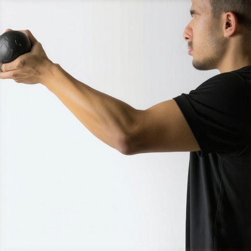 A man demonstrating how to use a lacrosse ball for mid-back trigger point relief against a white wall.