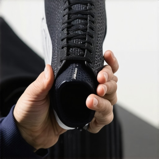A person twisting a running shoe to check for torsional rigidity and support.