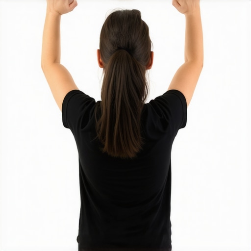 A man performing a shoulder mobility test against a wall to check for overhead range of motion and rib flare.