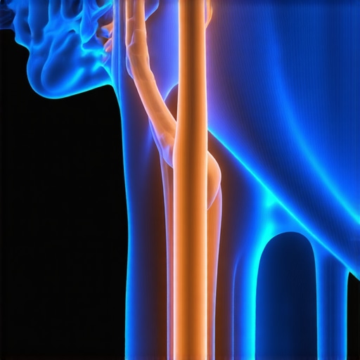 A medical diagram highlighting the neural pathway from the neck to the thumb to illustrate referred pain.