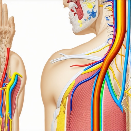 Anatomical view of nerves traveling from the neck to the medial elbow.