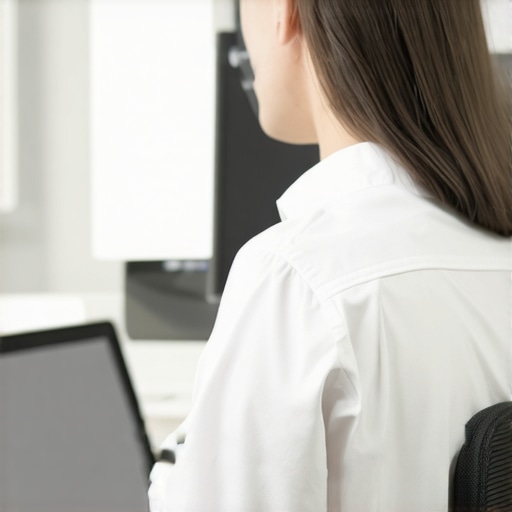 The Future of Spinal Biofeedback Wearables A person wearing a posture sensor at a desk for spinal health monitoring