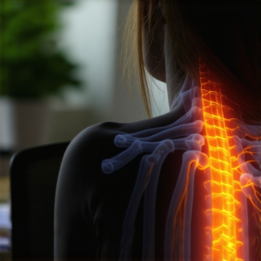 Diagram of neck tension and nerve pathways in a desk worker.