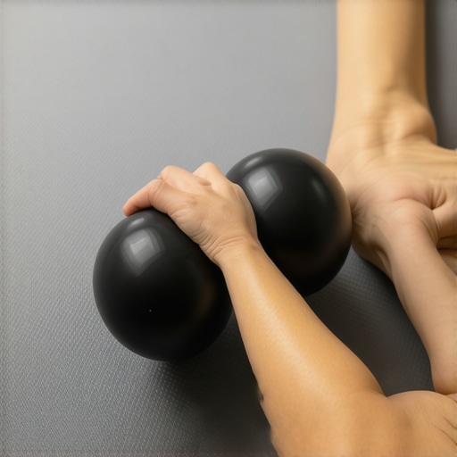 A black peanut-shaped massage tool used for thoracic spine mobility and myofascial release.