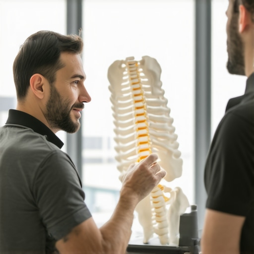 Chiropractor explaining the neurophysiological response of a spinal adjustment to a patient using a model.