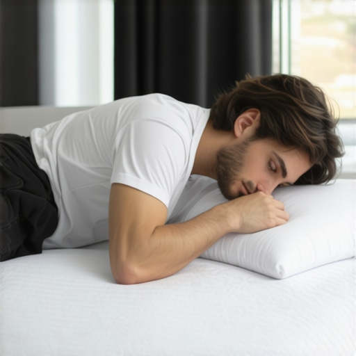 A person demonstrating the hugging pillow strategy to reduce shoulder pain while sleeping.