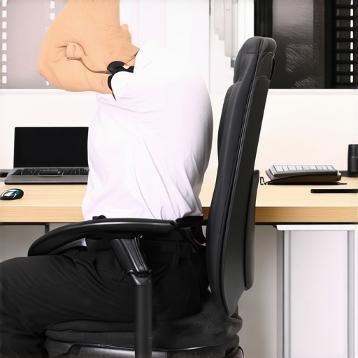 Thoracic Extension Desk Stretch Person performing a thoracic extension stretch at a desk to relieve tech neck and tension headaches.