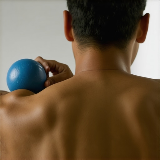 Person performing a thoracic spine mobility exercise with a lacrosse ball against a wall