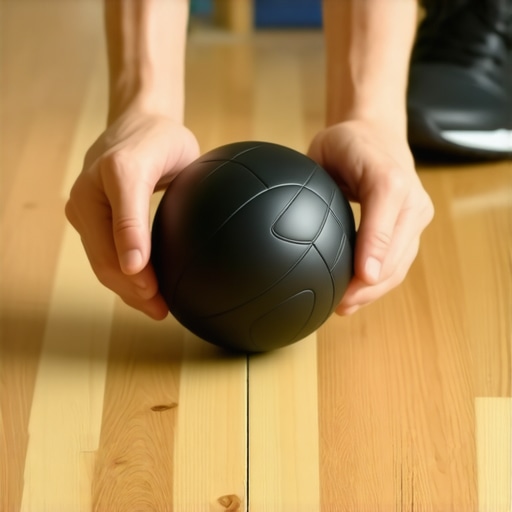 A double lacrosse ball tool placed on a floor for athletic spinal mobility work.