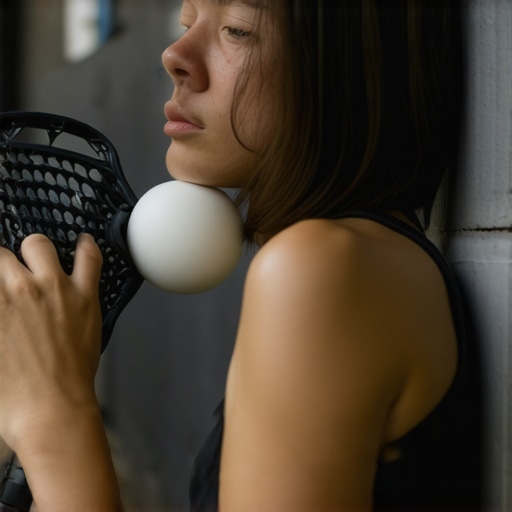 Person using a lacrosse ball against a wall to release tension in the mid-back rib joints.
