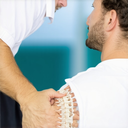 Thoracic spine mobilization in a sports clinic A specialist performing thoracic spine mobilization on an athlete to improve rotation and relieve back pain