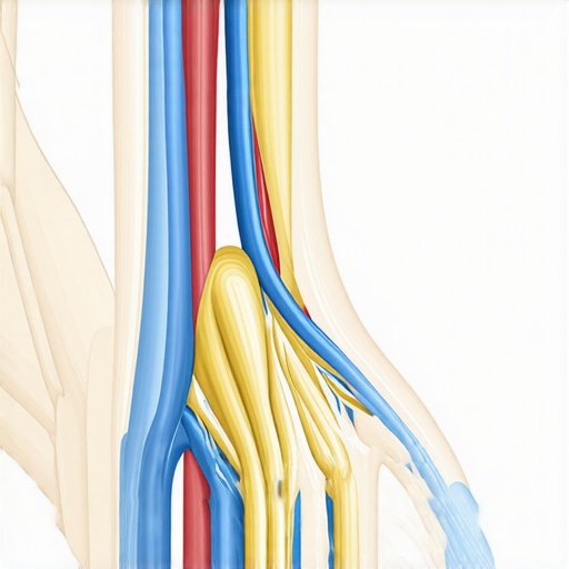 Anatomical diagram of the ulnar nerve pathway showing neck, elbow, and hand compression points
