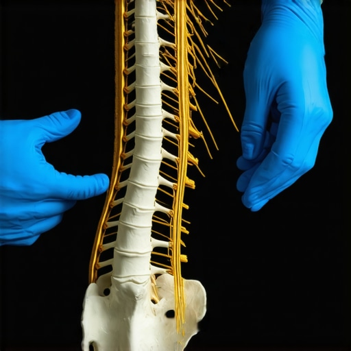 Understanding Nerve Paths and Spinal Alignment A chiropractor pointing to the L5-S1 vertebrae on a medical spine model to explain nerve compression.