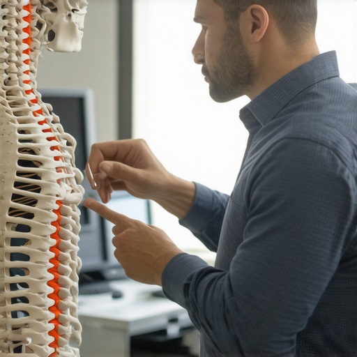 A chiropractor explaining nerve pathway obstruction using a spine model to a patient.