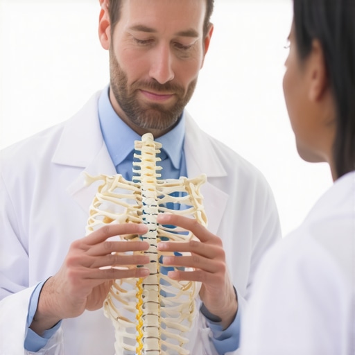 Professional chiropractor explaining the nervous system connection using a spine model to a patient.