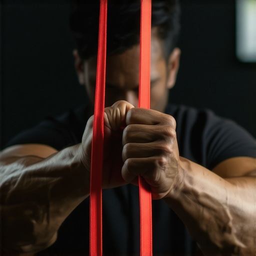 Athlete using a red loop band for rotator cuff strengthening to maintain overhead mobility