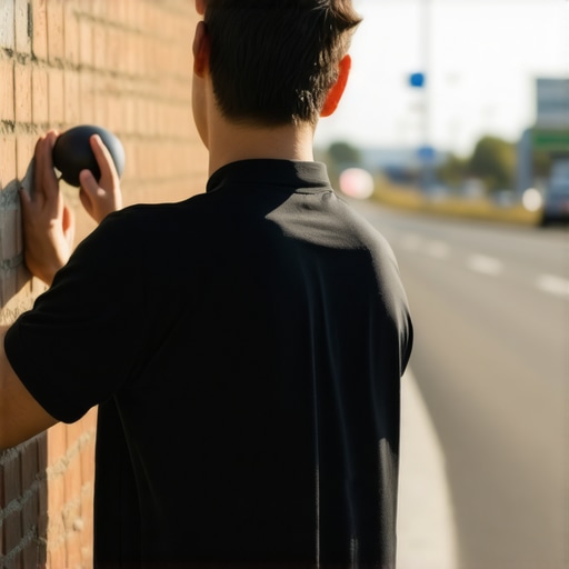 Using a Lacrosse Ball for Back Relief During Travel Person using a lacrosse ball for back pain relief at a rest stop
