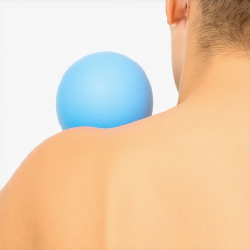 Person using a lacrosse ball against a wall to release tension in the mid-back muscles.