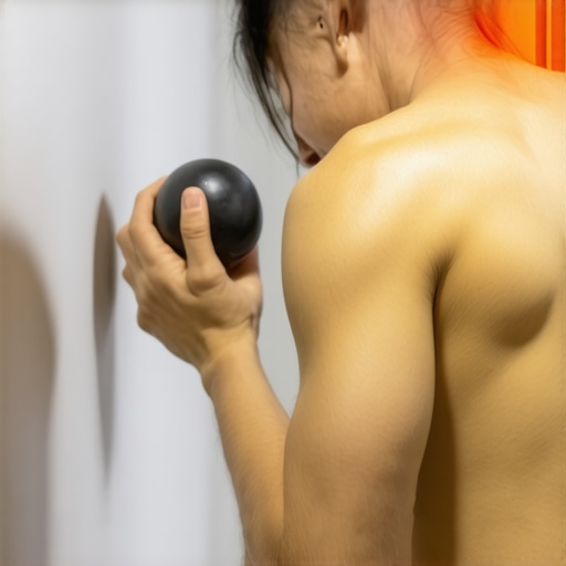 A person using a lacrosse ball against a wall for mid-back trigger point relief.