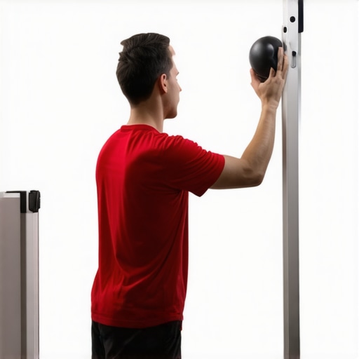 Person using a lacrosse ball against a wall for mid-back tension relief and thoracic mobility.