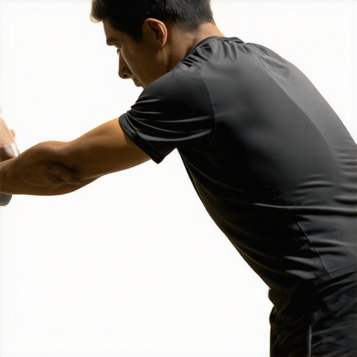 A person performing a self-massage with a lacrosse ball on their upper back against a wall for mobility.