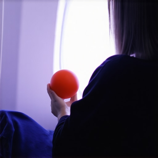 Person using a lacrosse ball for upper back relief in an airplane seat