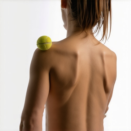 Man using a tennis ball against a wall to relieve muscle knots in his upper back.