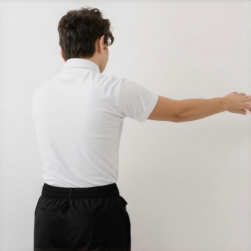 A person demonstrating the wall-stacking technique to improve spinal alignment and ribcage position.