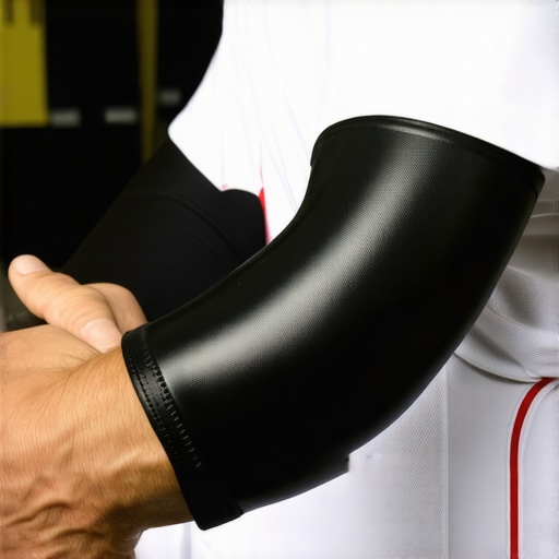 Close-up of a pitcher using a compression band on their elbow for recovery.