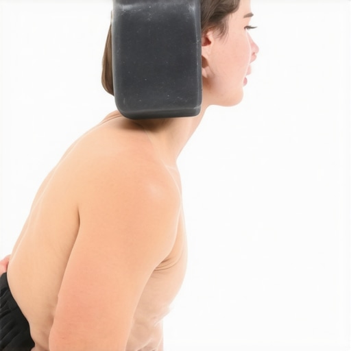 Yoga Block Support for Neck Realignment Side view of a person using a yoga block to restore the natural curve of the neck.